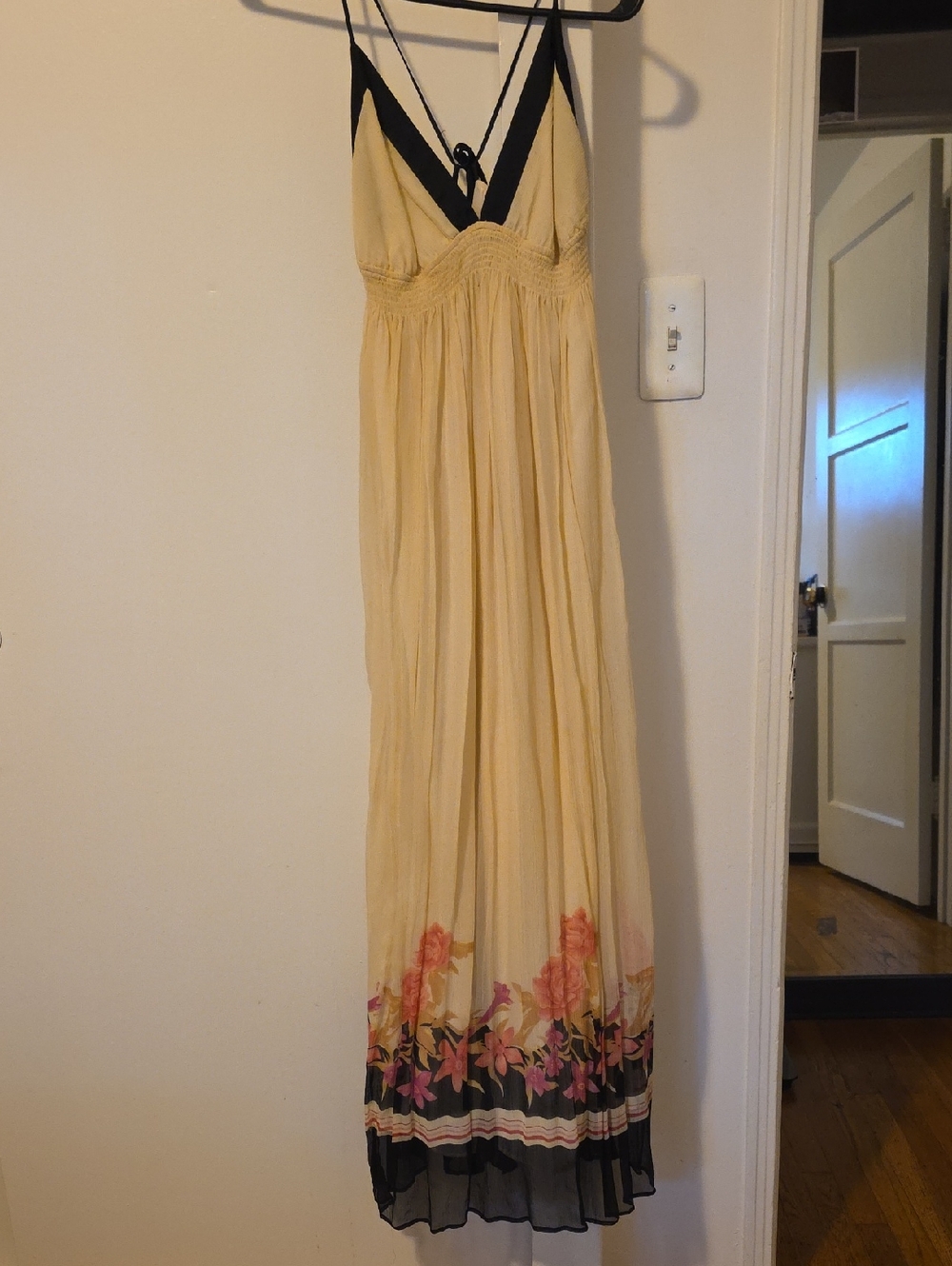 Forever 21 Tan Maxi Slip Dress with Black Trim and Floral Hem